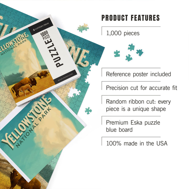 Yellowstone National Park, Old Faithful and Bison, Oil Painting, Jigsaw Puzzle Puzzle Lantern Press 