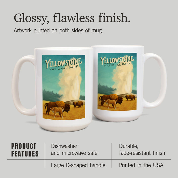 Yellowstone National Park, Old Faithful and Bison, Oil Painting, Lantern Press Artwork, Ceramic Mug Mugs Lantern Press 