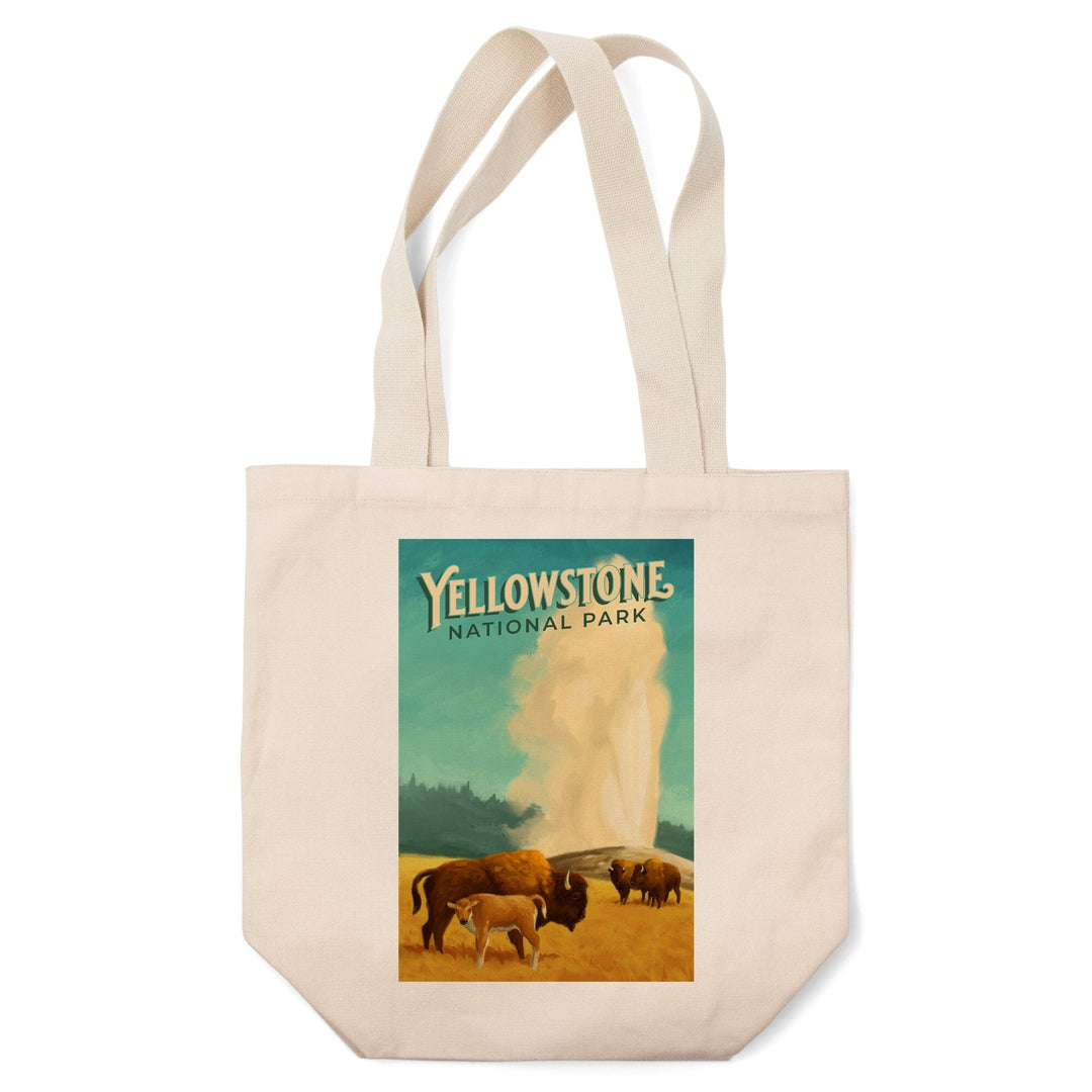 Yellowstone National Park, Old Faithful and Bison, Oil Painting, Lantern Press Artwork, Tote Bag Totes Lantern Press 