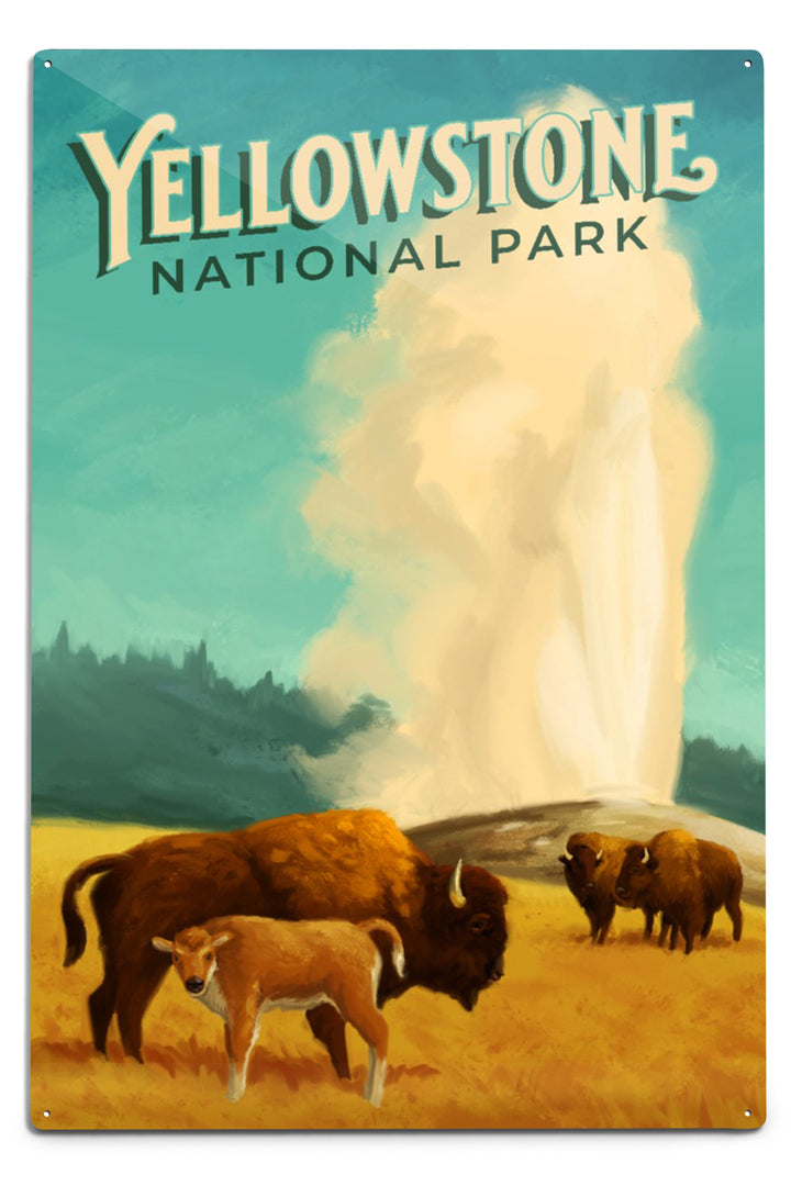 Yellowstone National Park, Old Faithful and Bison, Oil Painting, Metal Signs Metal Lantern Press 12x18 Metal Sign 