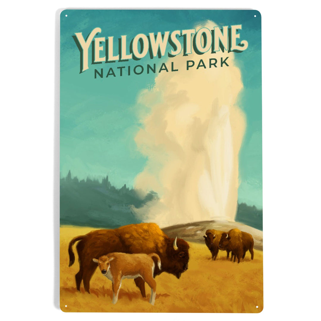 Yellowstone National Park, Old Faithful and Bison, Oil Painting, Metal Signs Metal Lantern Press 