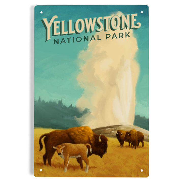 Yellowstone National Park, Old Faithful and Bison, Oil Painting, Metal Signs Metal Lantern Press 