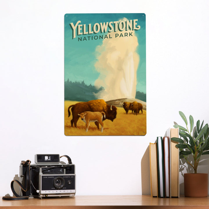 Yellowstone National Park, Old Faithful and Bison, Oil Painting, Metal Signs Metal Lantern Press 