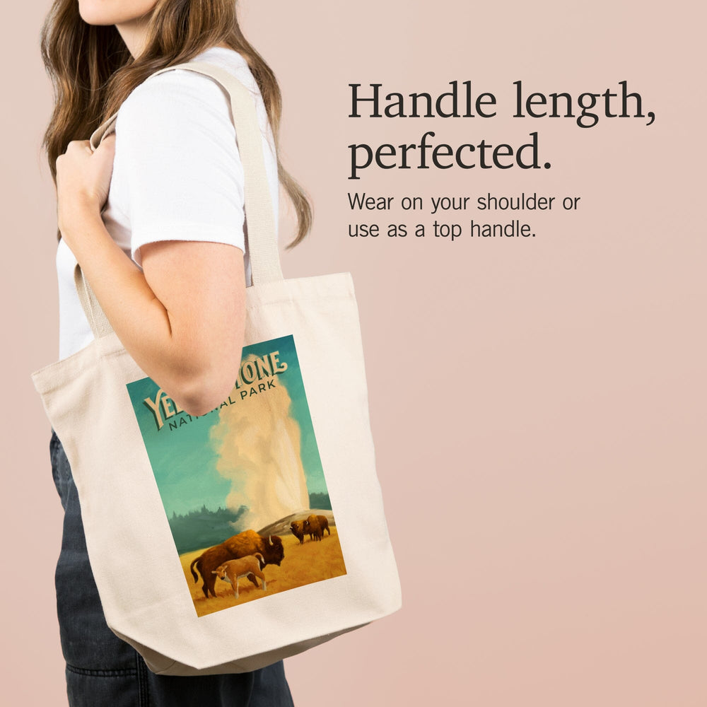Yellowstone National Park, Old Faithful and Bison, Oil Painting, Tote Bag Totes Lantern Press 