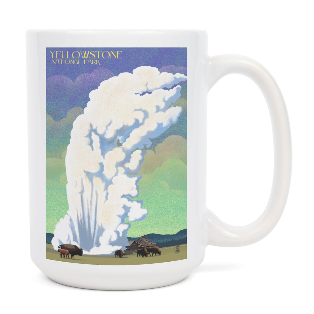 Yellowstone National Park, Old Faithful & Bison, Lithograph, Lantern Press Artwork, Ceramic Mug Mugs Lantern Press 