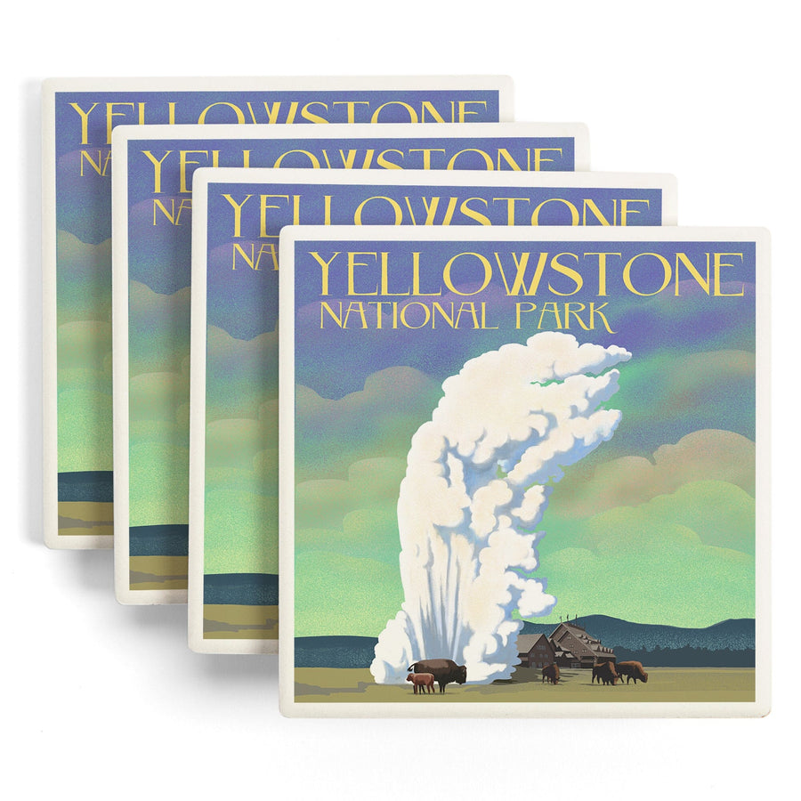 Yellowstone National Park, Old Faithful & Bison, Lithograph, Lantern Press Artwork, Coaster Set Coasters Lantern Press 