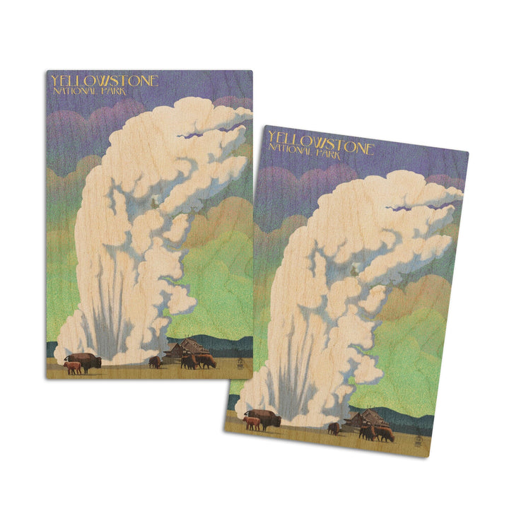 Yellowstone National Park, Old Faithful & Bison, Lithograph, Lantern Press Artwork, Wood Signs and Postcards Wood Lantern Press 4x6 Wood Postcard Set 