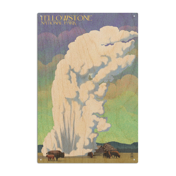 Yellowstone National Park, Old Faithful & Bison, Lithograph, Lantern Press Artwork, Wood Signs and Postcards Wood Lantern Press 6x9 Wood Sign 