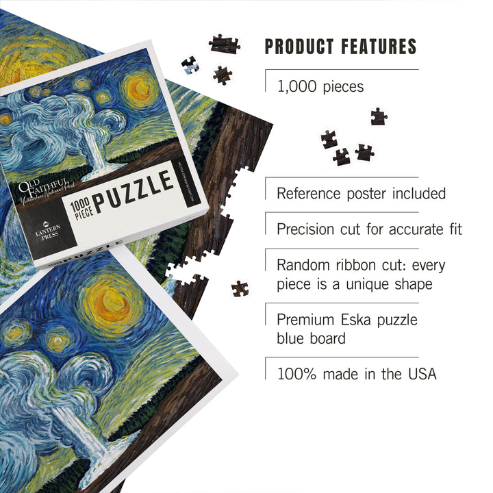 Yellowstone National Park, Old Faithful, Starry Night National Park Series, Jigsaw Puzzle Puzzle Lantern Press 