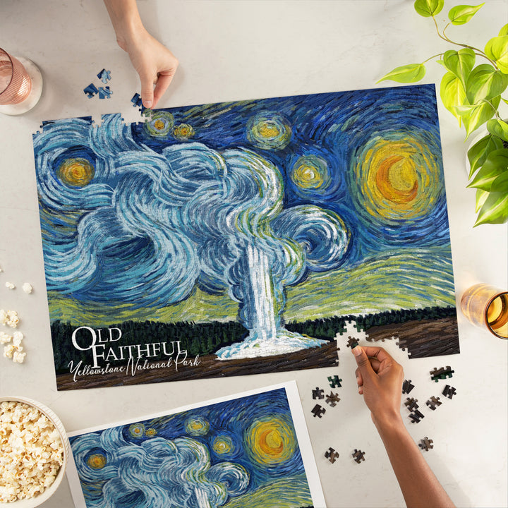 Yellowstone National Park, Old Faithful, Starry Night National Park Series, Jigsaw Puzzle Puzzle Lantern Press 
