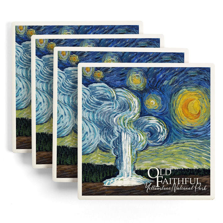 Yellowstone National Park, Old Faithful, Starry Night National Park Series, Lantern Press Artwork, Coaster Set Coasters Lantern Press 