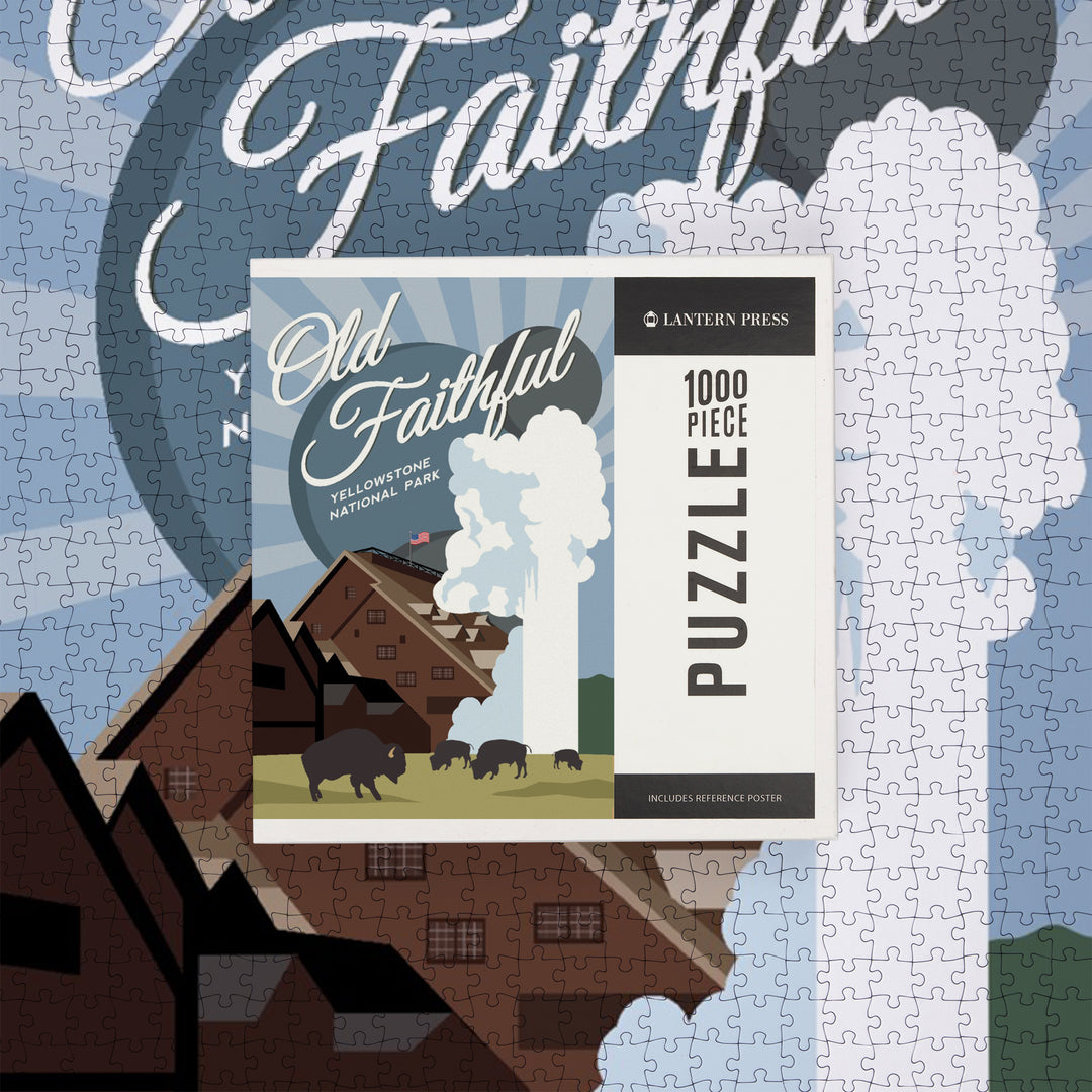 Yellowstone National Park, Old Faithful, Vector with Rays, Jigsaw Puzzle Puzzle Lantern Press 