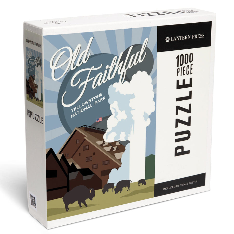 Yellowstone National Park, Old Faithful, Vector with Rays, Jigsaw Puzzle Puzzle Lantern Press 