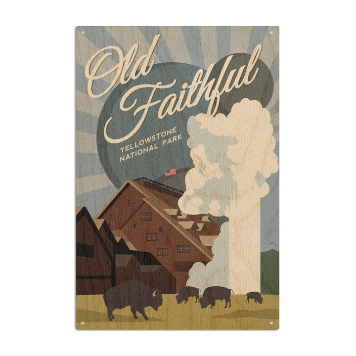 Yellowstone National Park, Old Faithful, Vector with Rays, Lantern Press Artwork, Wood Signs and Postcards Wood Lantern Press 10 x 15 Wood Sign 