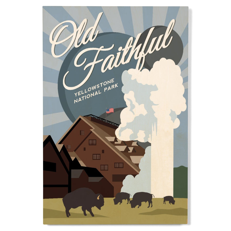 Yellowstone National Park, Old Faithful, Vector with Rays, Lantern Press Artwork, Wood Signs and Postcards Wood Lantern Press 