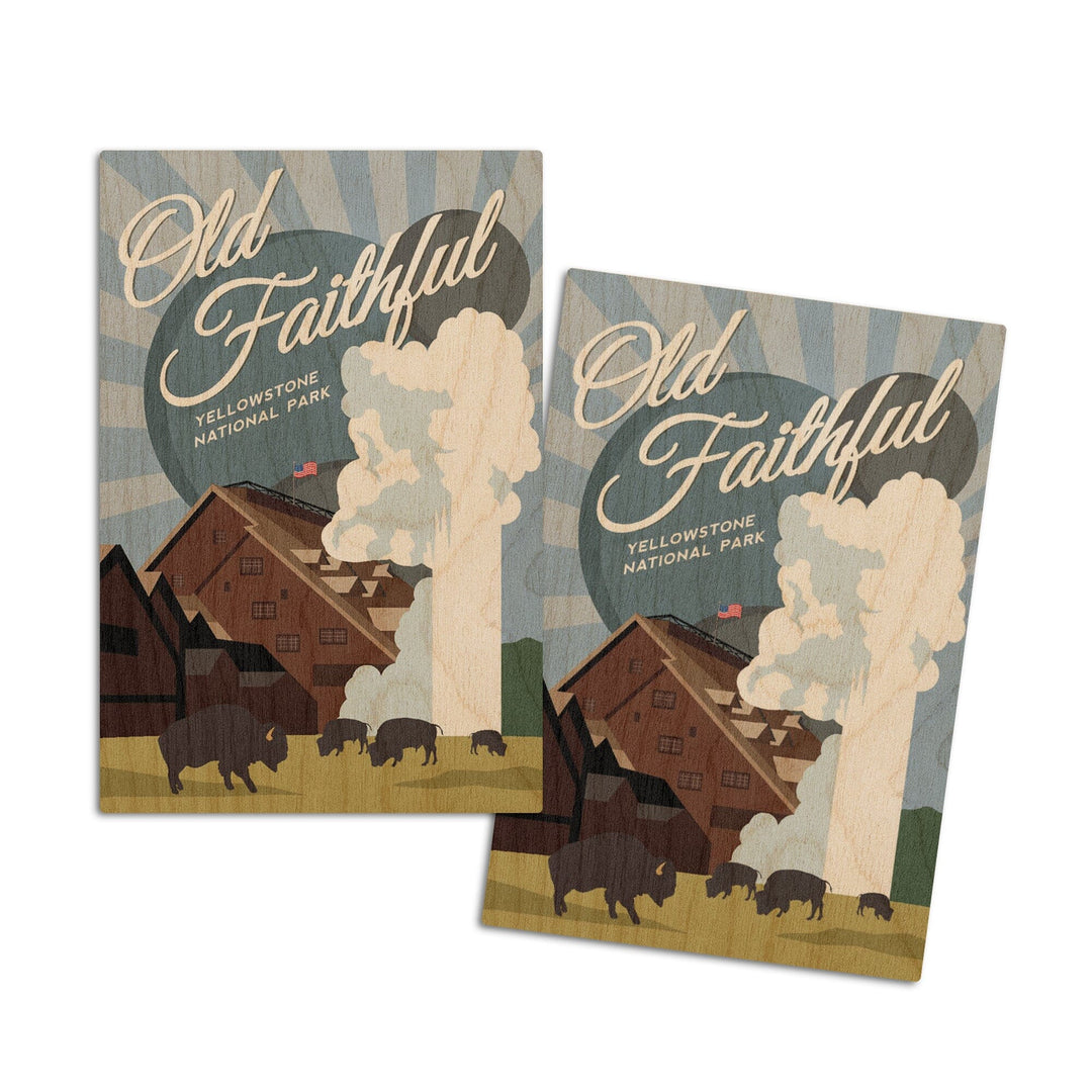 Yellowstone National Park, Old Faithful, Vector with Rays, Lantern Press Artwork, Wood Signs and Postcards Wood Lantern Press 4x6 Wood Postcard Set 