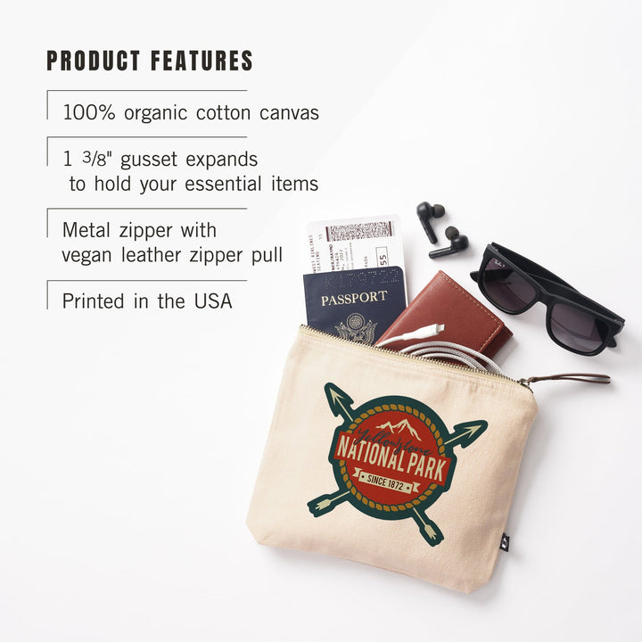 Yellowstone National Park, Seal and Arrows,, Organic Cotton Zipper Pouch, Go Bag Go Bag Lantern Press 