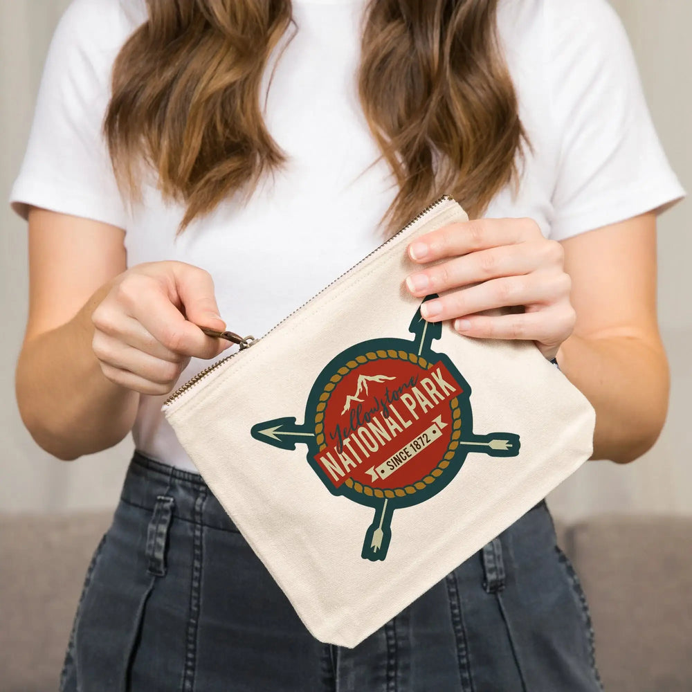 Yellowstone National Park, Seal and Arrows,, Organic Cotton Zipper Pouch, Go Bag Go Bag Lantern Press 
