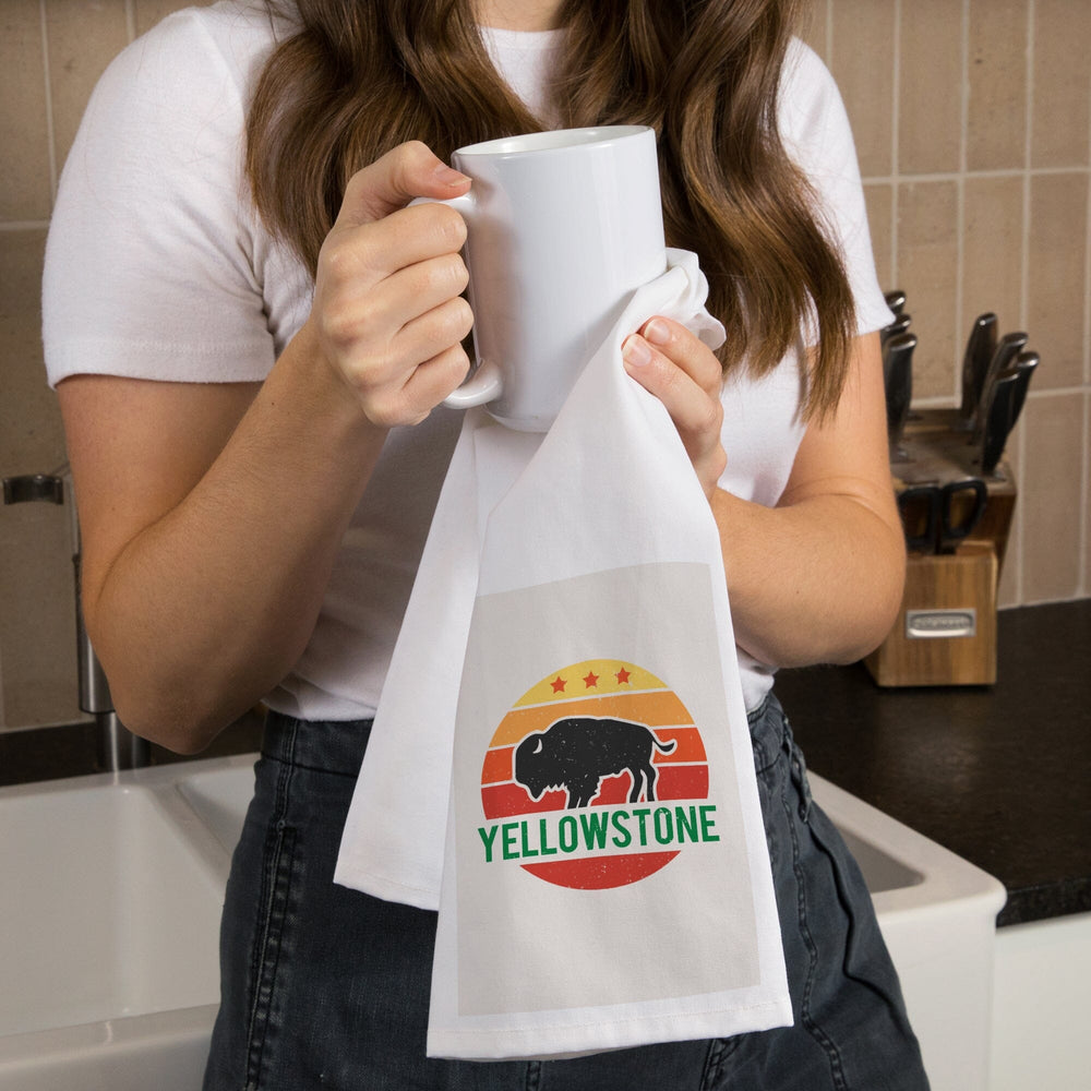 Yellowstone National Park, Sun and Bison, Contour, Organic Cotton Kitchen Tea Towels Kitchen Lantern Press 