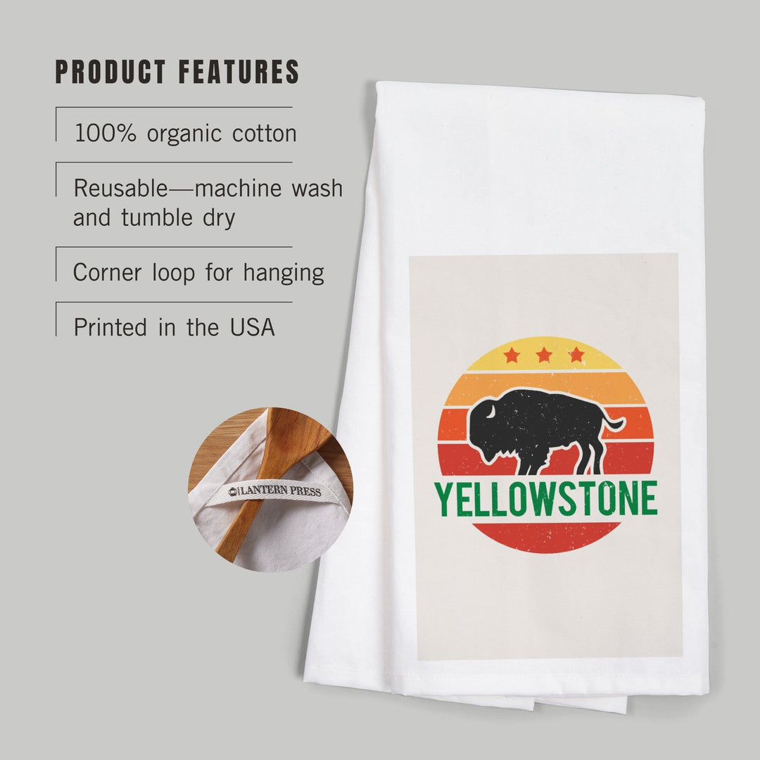 Yellowstone National Park, Sun and Bison, Contour, Organic Cotton Kitchen Tea Towels Kitchen Lantern Press 