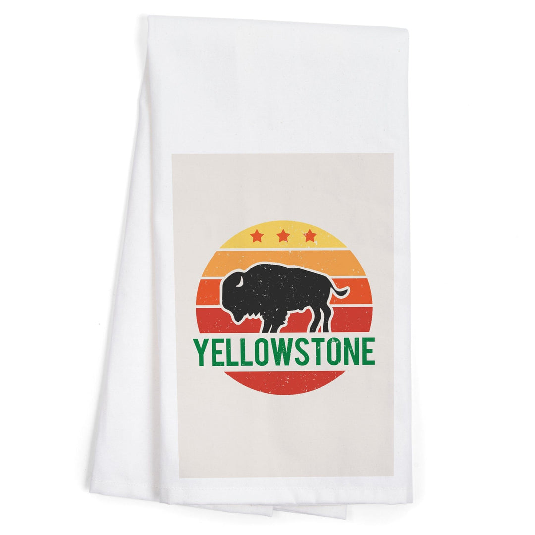 Yellowstone National Park, Sun and Bison, Contour, Organic Cotton Kitchen Tea Towels Kitchen Lantern Press 