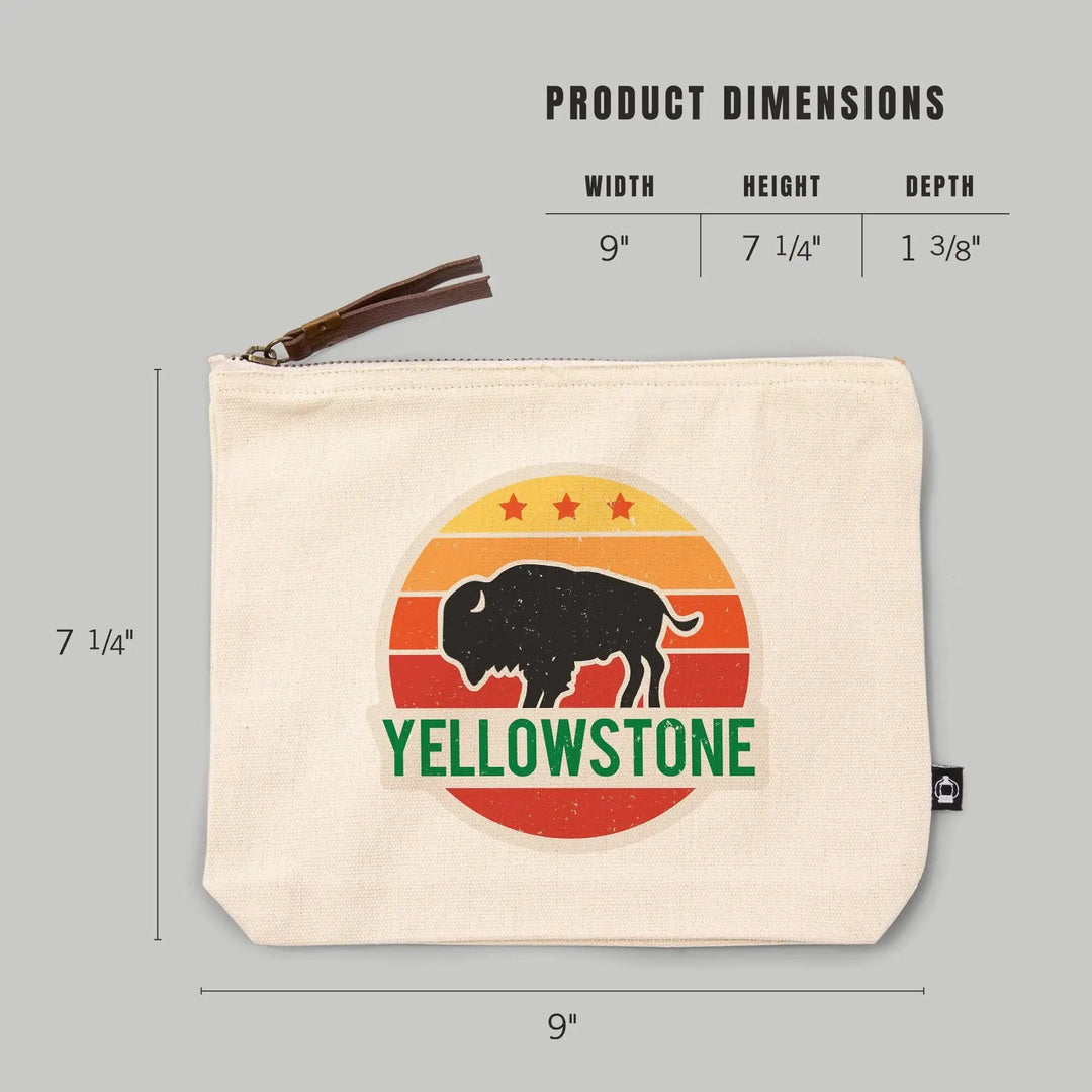 Yellowstone National Park, Sun and Bison,, Organic Cotton Zipper Pouch, Go Bag Go Bag Lantern Press 