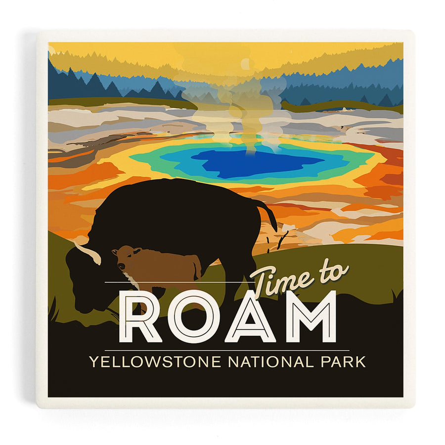Yellowstone National Park, Time to Roam, Grand Prismatic, Bison and Calf, Coasters Coasters Lantern Press 