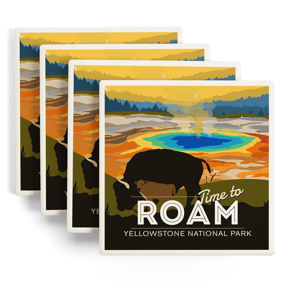 Yellowstone National Park, Time to Roam, Grand Prismatic, Bison and Calf, Coasters Coasters Lantern Press 