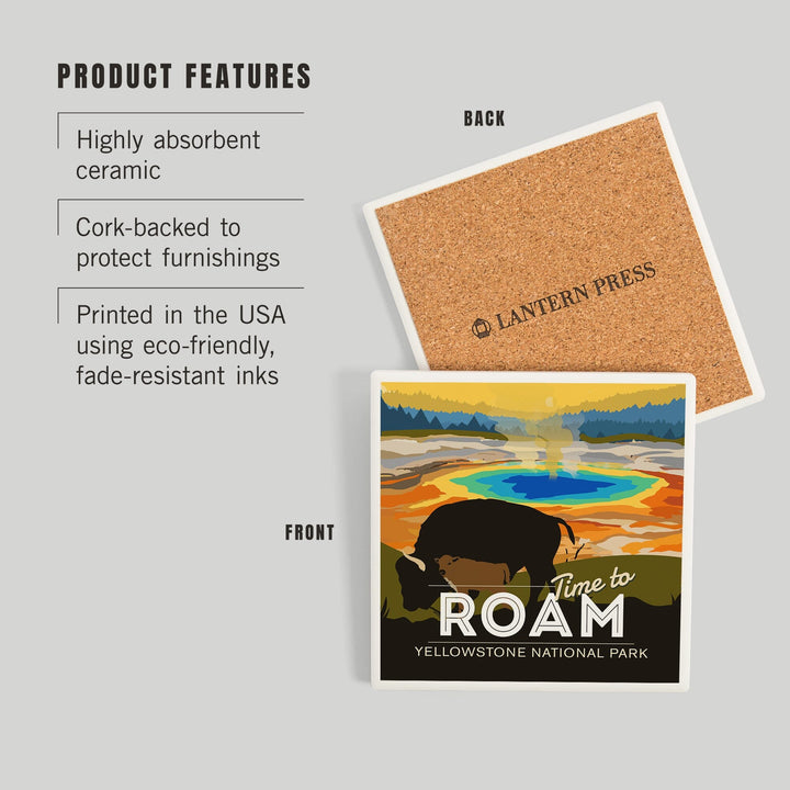 Yellowstone National Park, Time to Roam, Grand Prismatic, Bison and Calf, Coasters Coasters Lantern Press 