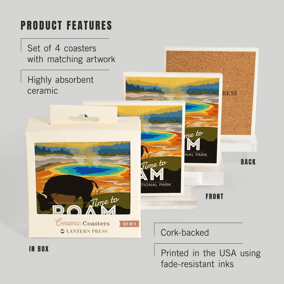 Yellowstone National Park, Time to Roam, Grand Prismatic, Bison and Calf, Coasters Coasters Lantern Press 
