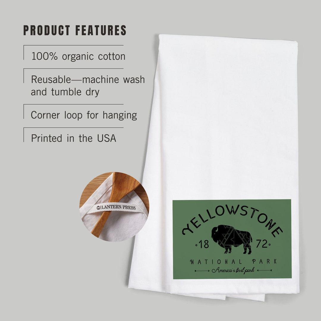 Yellowstone National Park, WY, Buffalo, Contour, Geometric, Organic Cotton Kitchen Tea Towels Kitchen Lantern Press 