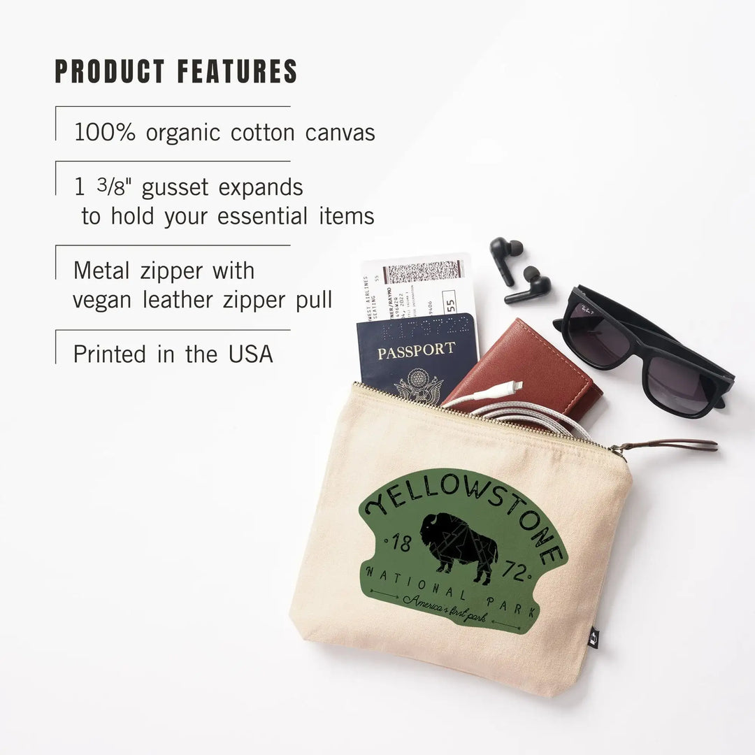 Yellowstone National Park, WY, Buffalo, , Geometric, Organic Cotton Zipper Pouch, Go Bag Go Bag Lantern Press 