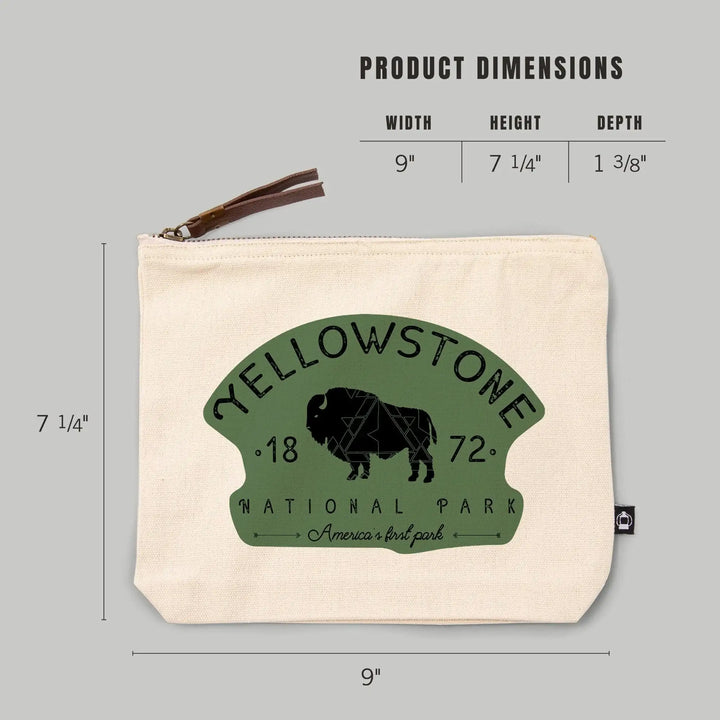 Yellowstone National Park, WY, Buffalo, , Geometric, Organic Cotton Zipper Pouch, Go Bag Go Bag Lantern Press 