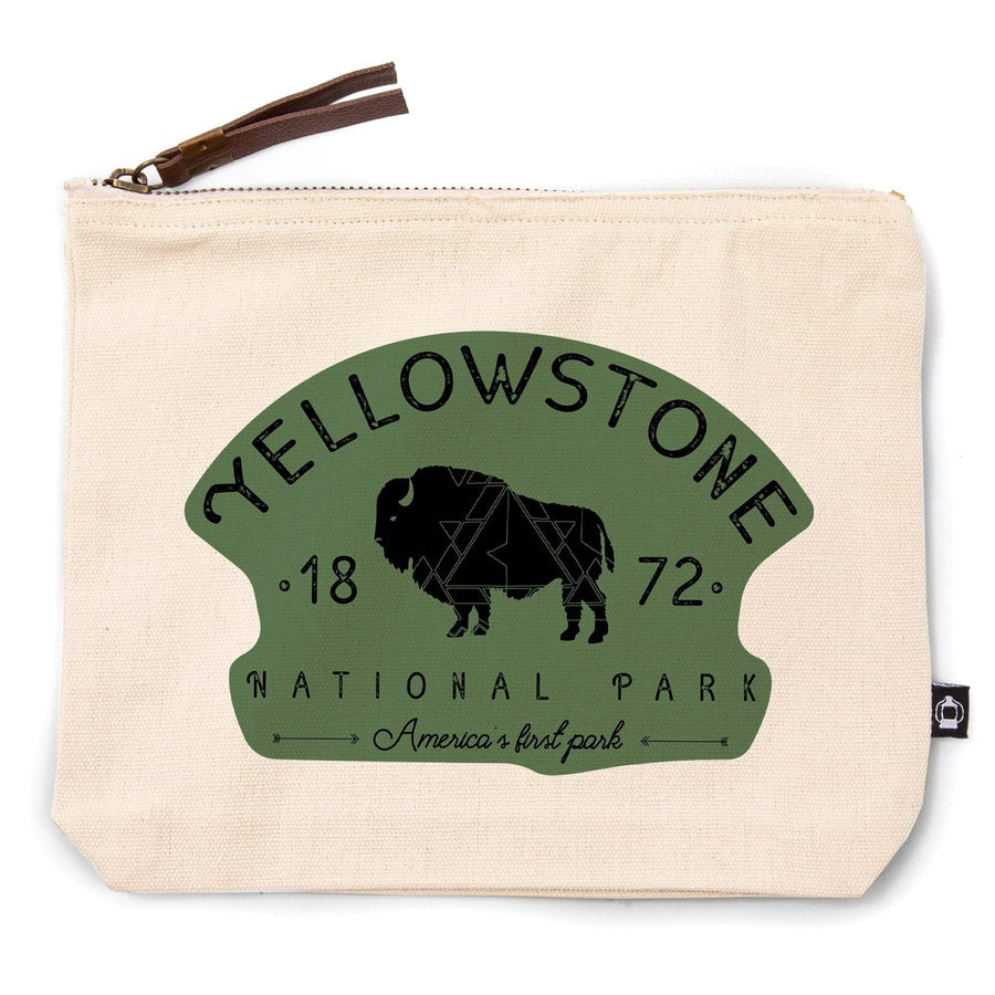Yellowstone National Park, WY, Buffalo, , Geometric, Organic Cotton Zipper Pouch, Go Bag Go Bag Lantern Press 