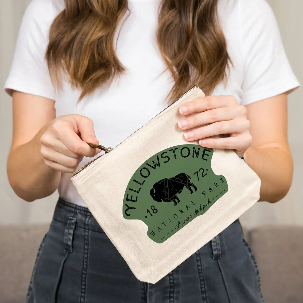 Yellowstone National Park, WY, Buffalo, , Geometric, Organic Cotton Zipper Pouch, Go Bag Go Bag Lantern Press 