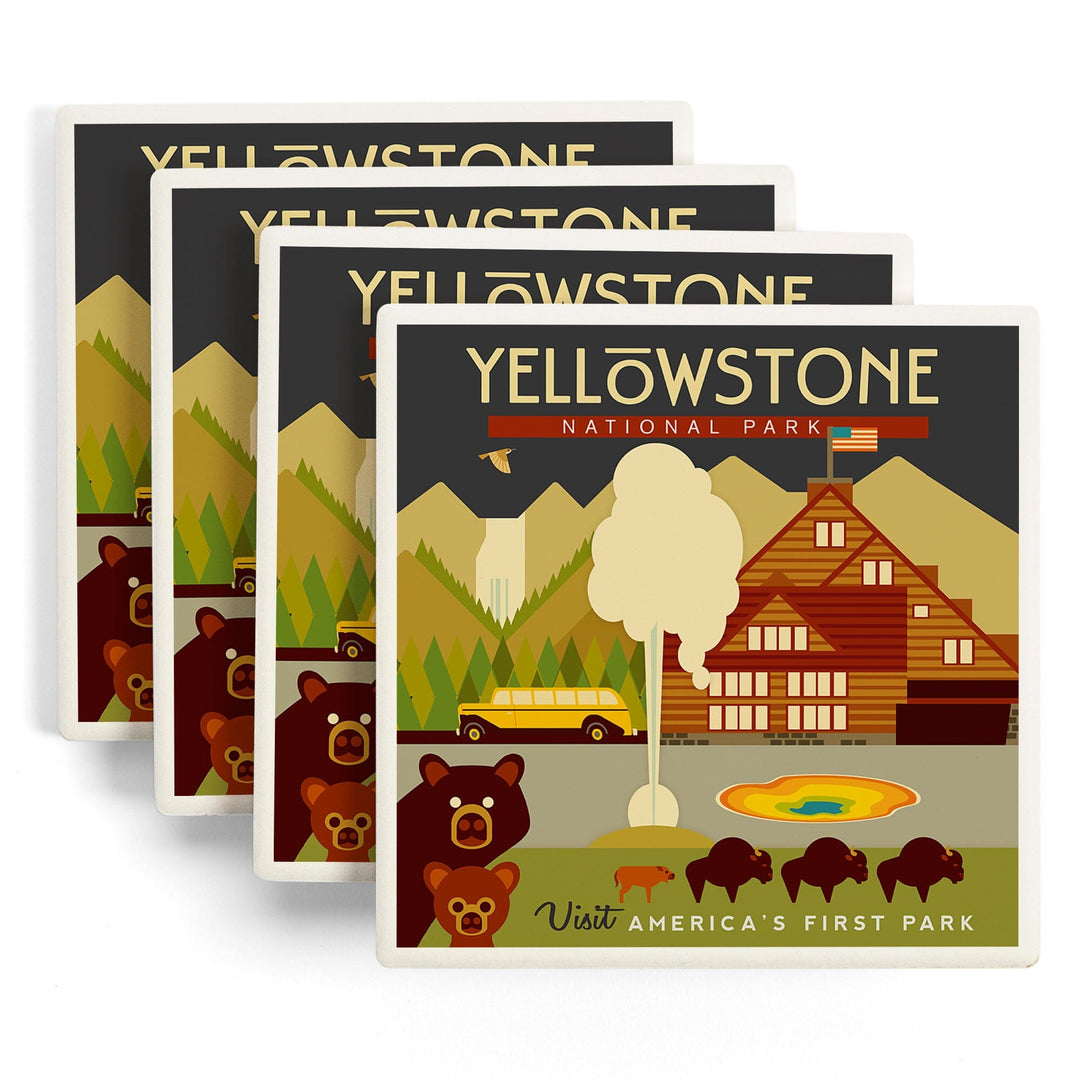 Yellowstone National Park, WY, Geometric, Lantern Press Artwork, Coaster Set Coasters Lantern Press 