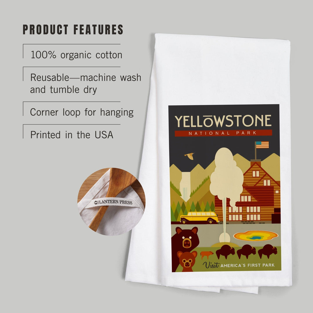 Yellowstone National Park, WY, Geometric, Organic Cotton Kitchen Tea Towels Kitchen Lantern Press 