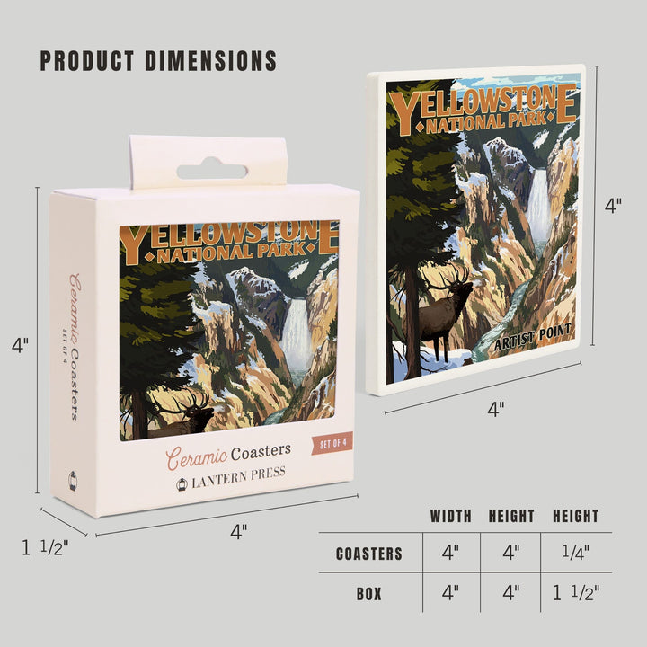 Yellowstone National Park, Wyoming, Artist Point and Elk, Coasters Coasters Lantern Press 
