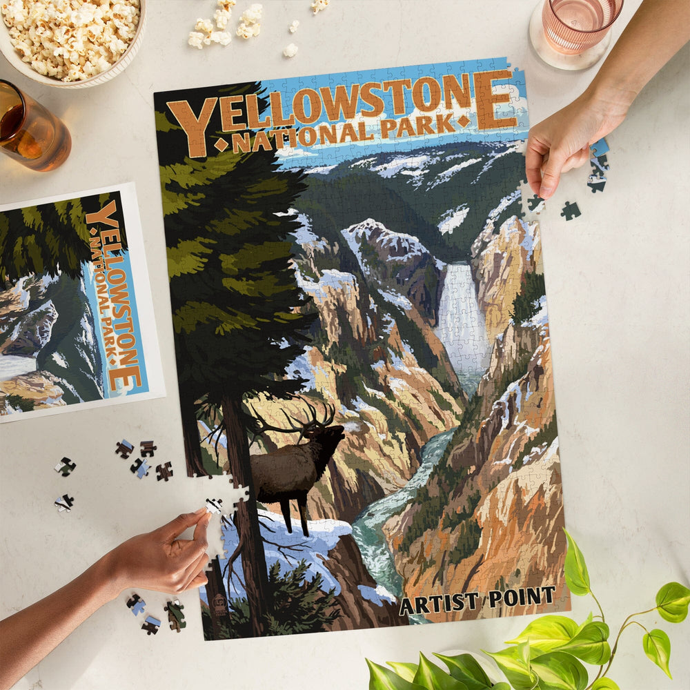 Yellowstone National Park, Wyoming, Artist Point and Elk, Jigsaw Puzzle Puzzle Lantern Press 