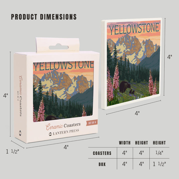 Yellowstone National Park, Wyoming, Bear and Cubs with Flowers, Coasters Coasters Lantern Press 