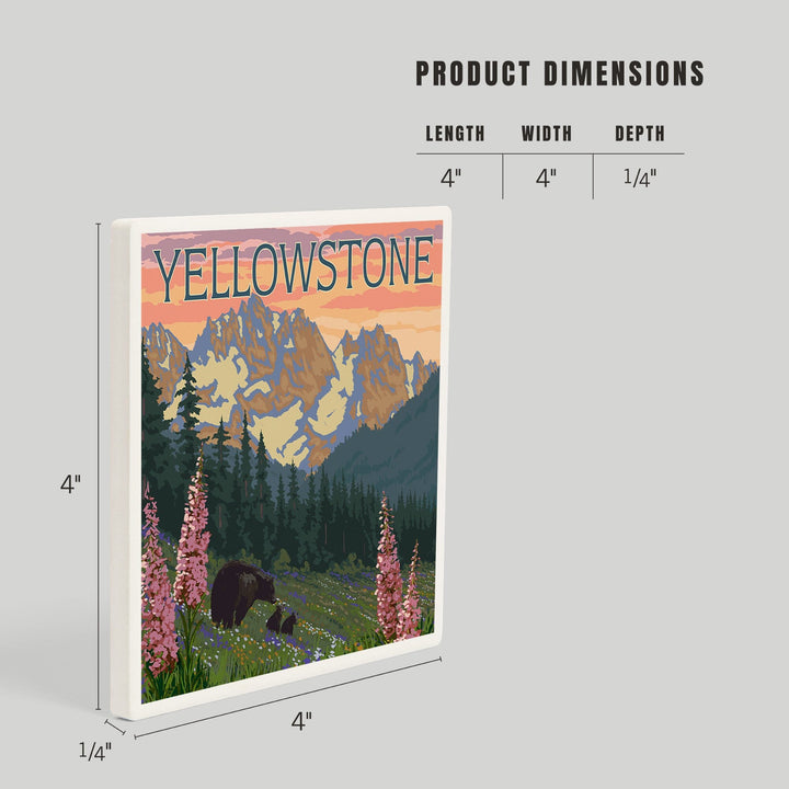 Yellowstone National Park, Wyoming, Bear and Cubs with Flowers, Coasters Coasters Lantern Press 