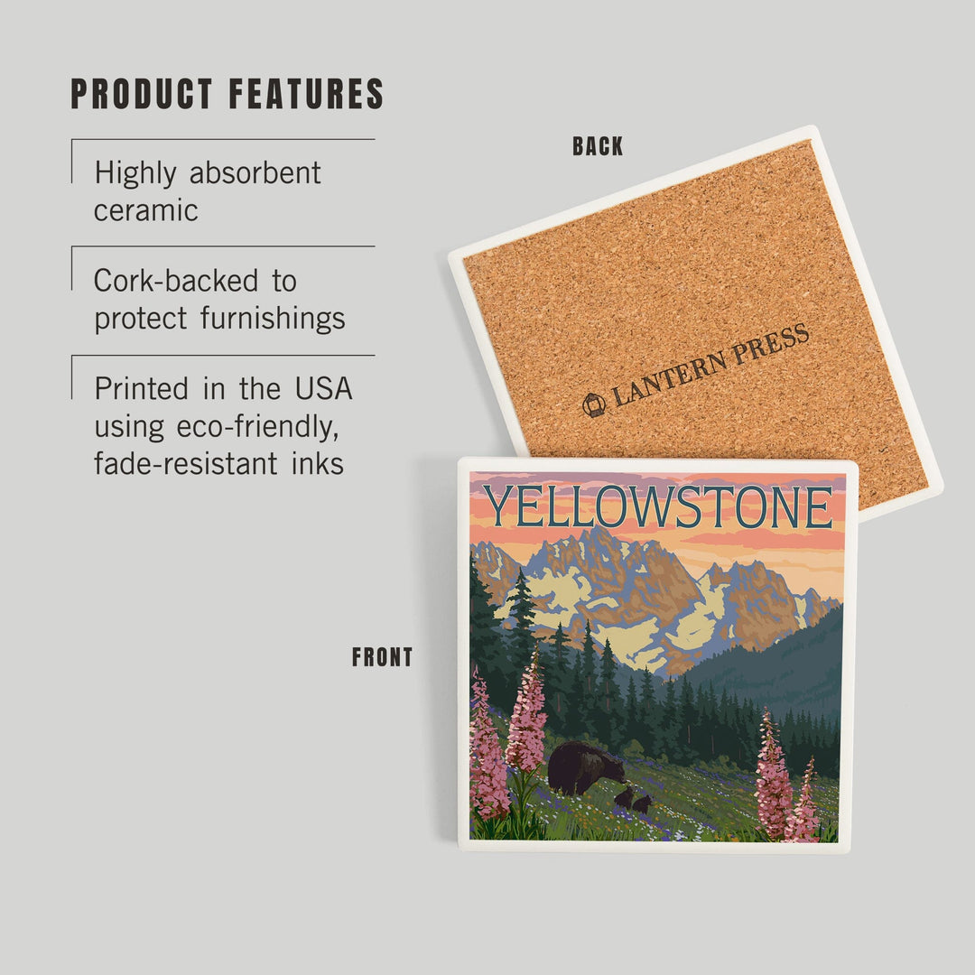 Yellowstone National Park, Wyoming, Bear and Cubs with Flowers, Coasters Coasters Lantern Press 