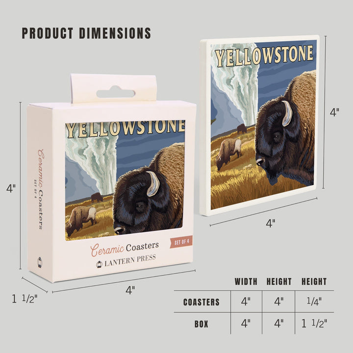 Yellowstone National Park, Wyoming, Bison and Old Faithful, Coasters Coasters Lantern Press 