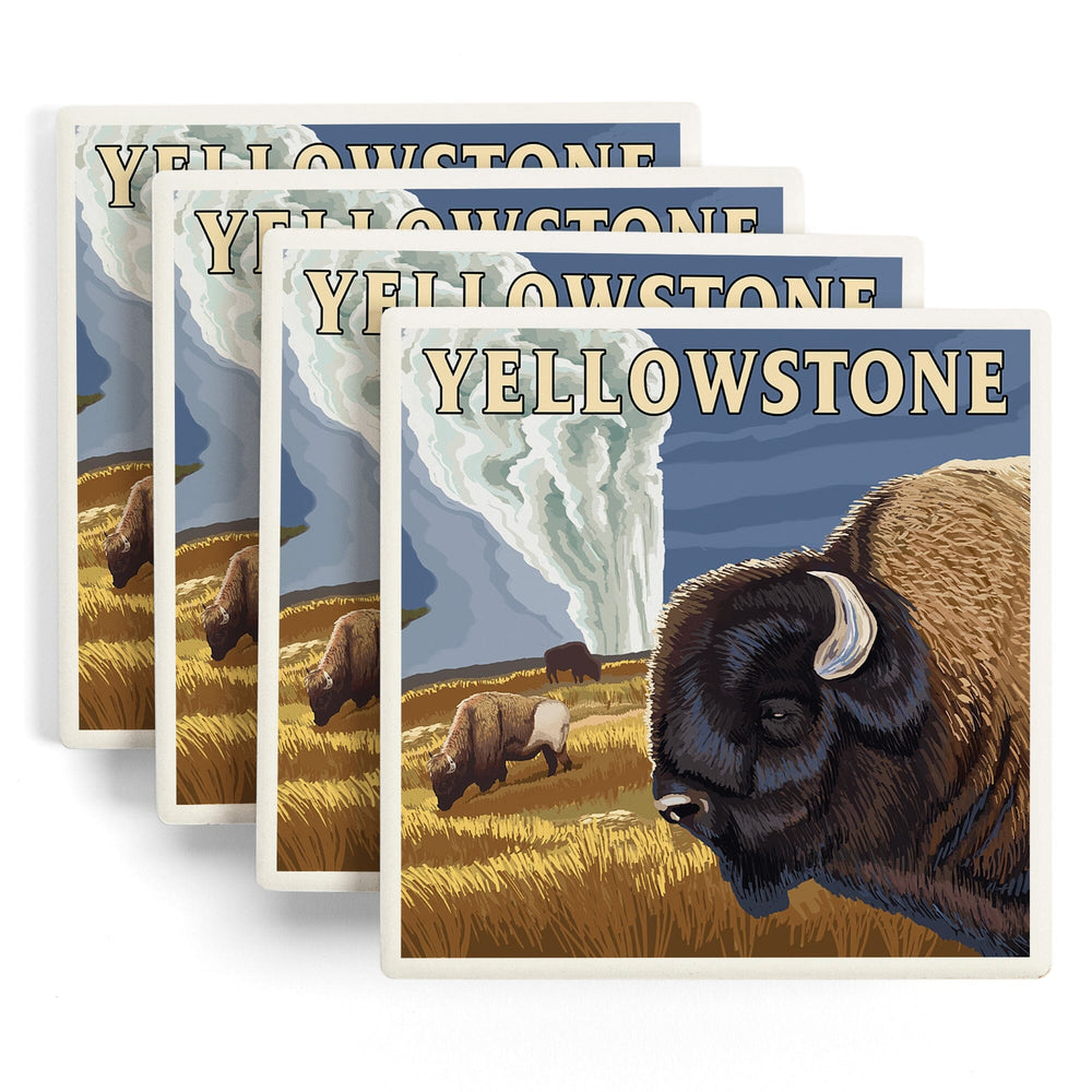 Yellowstone National Park, Wyoming, Bison and Old Faithful, Coasters Coasters Lantern Press 