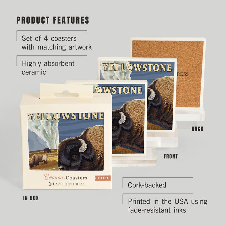 Yellowstone National Park, Wyoming, Bison and Old Faithful, Coasters Coasters Lantern Press 
