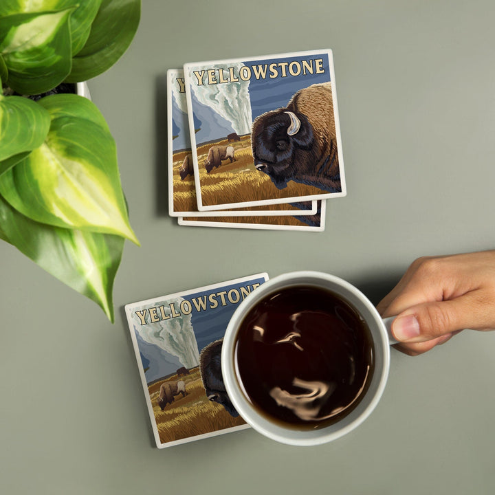 Yellowstone National Park, Wyoming, Bison and Old Faithful, Coasters Coasters Lantern Press 