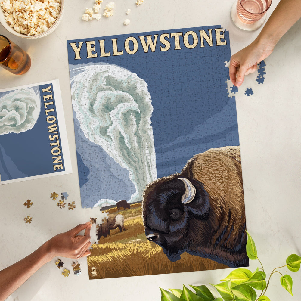 Yellowstone National Park, Wyoming, Bison and Old Faithful, Jigsaw Puzzle Puzzle Lantern Press 