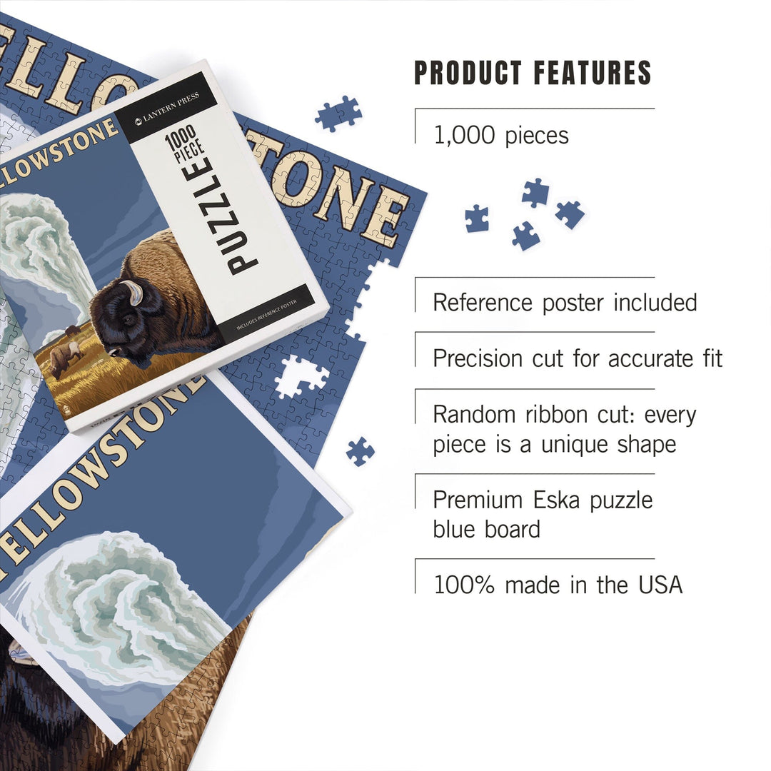 Yellowstone National Park, Wyoming, Bison and Old Faithful, Jigsaw Puzzle Puzzle Lantern Press 