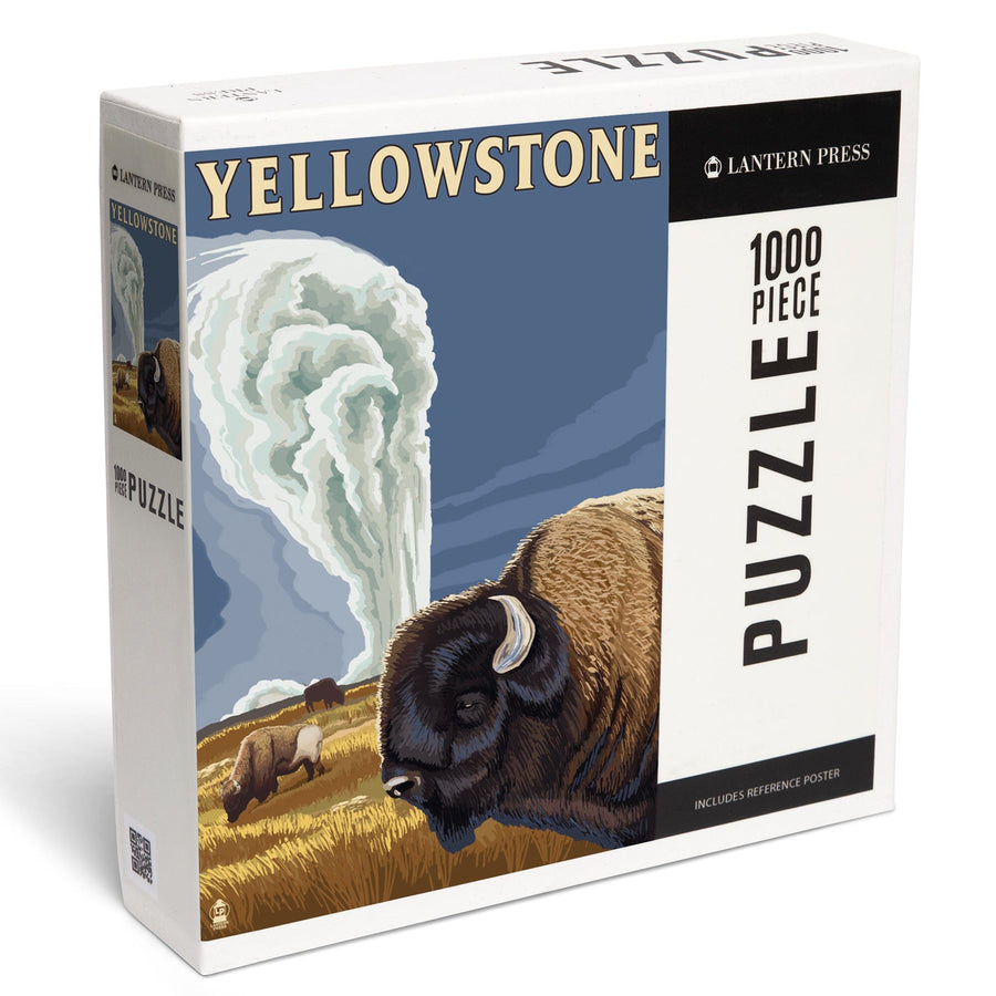 Yellowstone National Park, Wyoming, Bison and Old Faithful, Jigsaw Puzzle Puzzle Lantern Press 