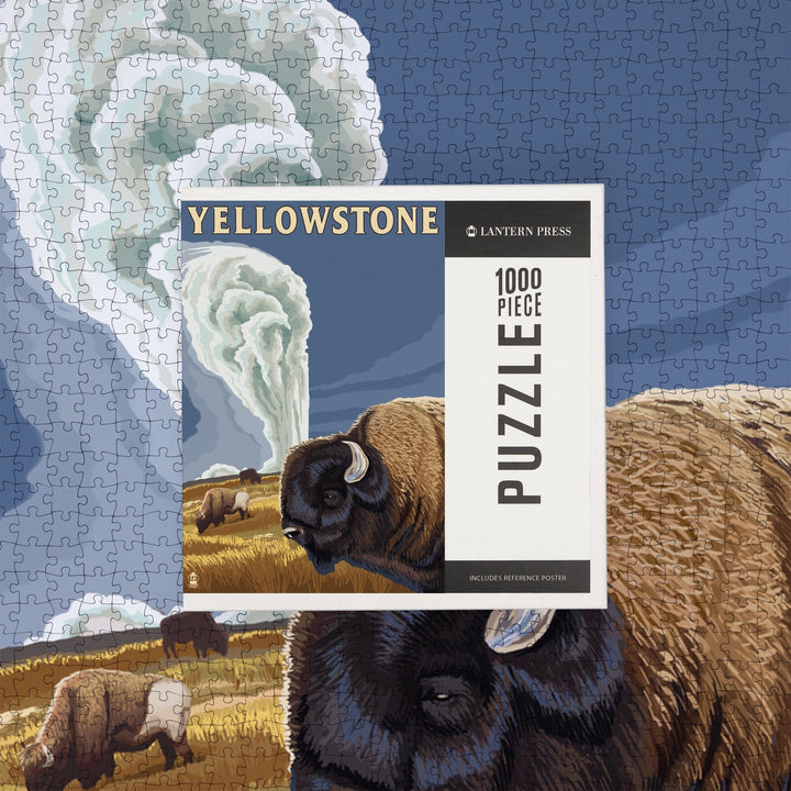 Yellowstone National Park, Wyoming, Bison and Old Faithful, Jigsaw Puzzle Puzzle Lantern Press 